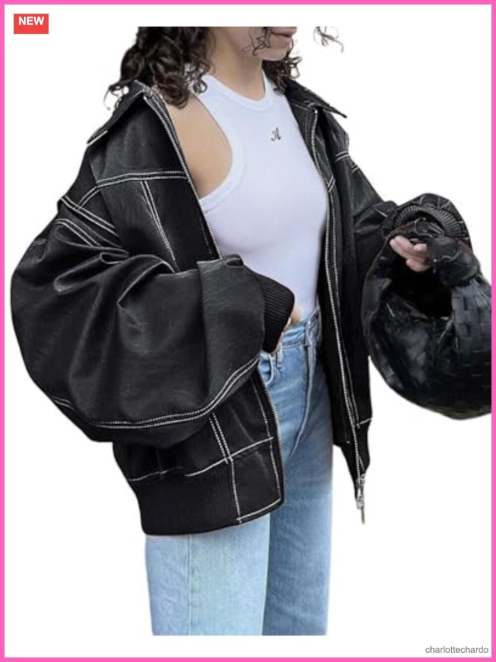 Women's Oversized Faux Leather Moto Jacket Zip Up Winter Coat